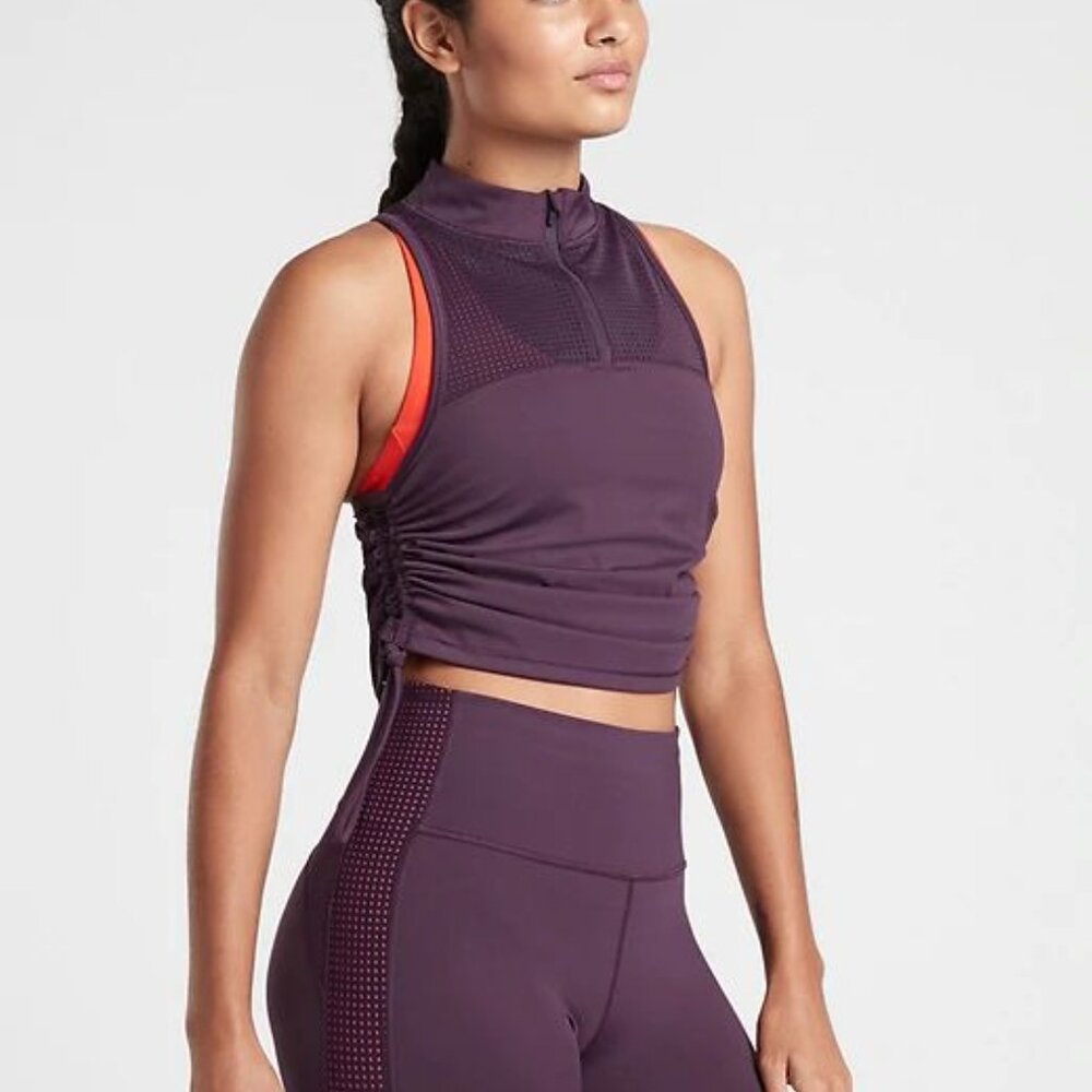 Athleta HIIT IT Workout Tank Top Purple Racerback Zipper Ruched Sides